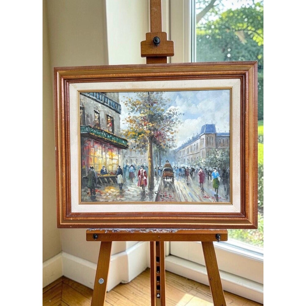 Vintage Paris Street Scene Oil Painting by Max Taylor Impressionist 17.5" x 21"